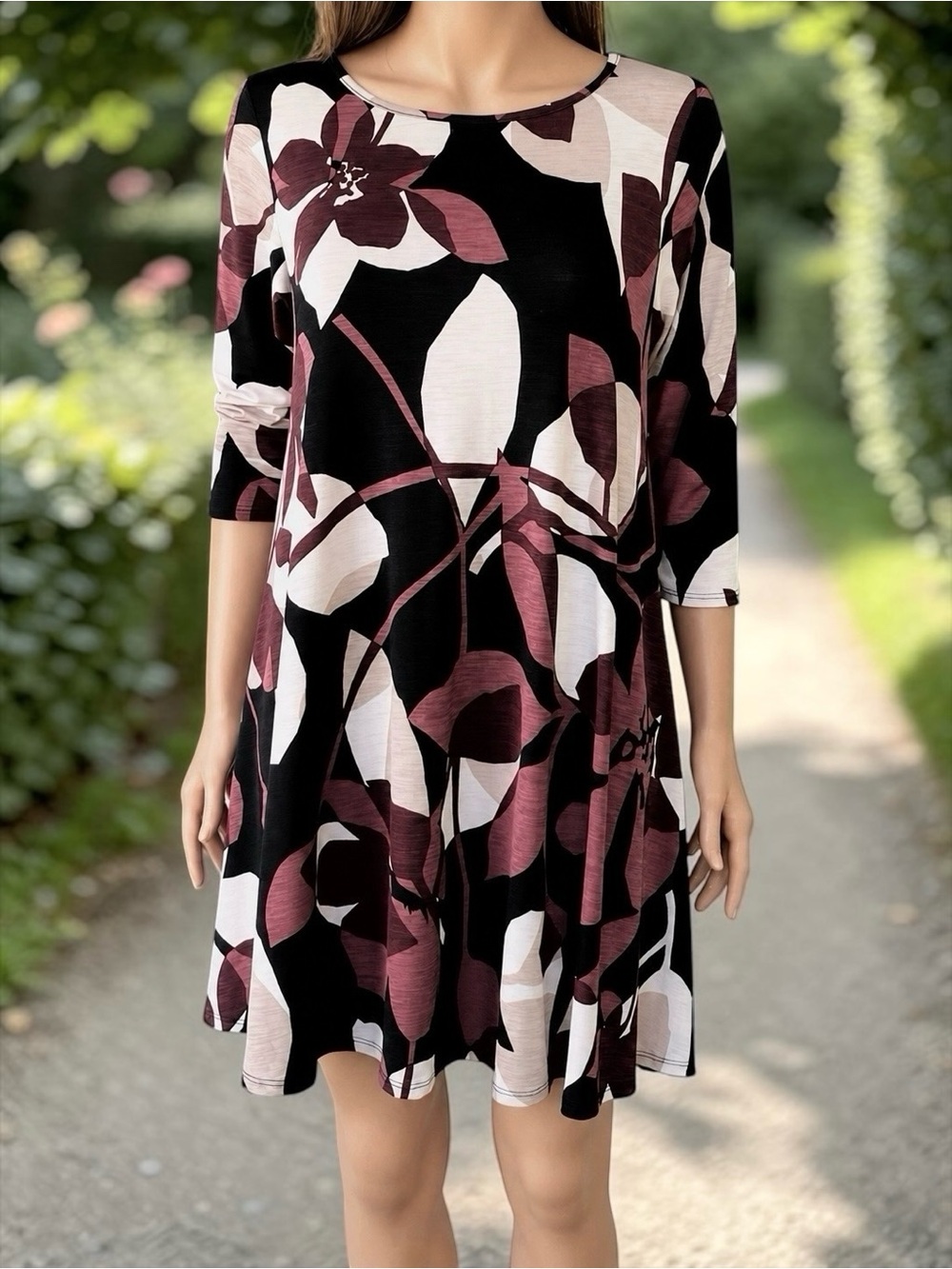 Jenny Boston Boutique Abstract Floral Swing Dress Black Mauve Beige M